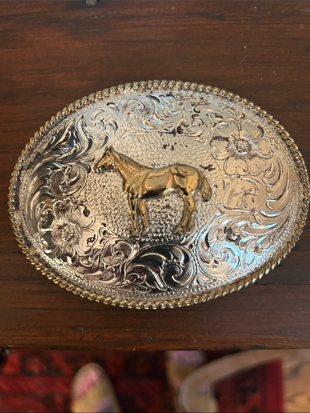 Western Leather Belt with Ornate Silver Buckle - Brown cream buck stitching